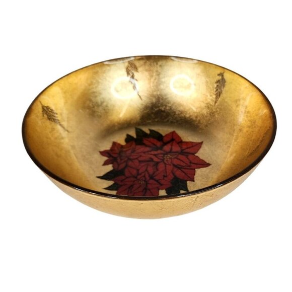 Christmas Holiday Glass Gold Bowl With Poinsettia Design - 10 Inch Diameter x 3 - Picture 4 of 12